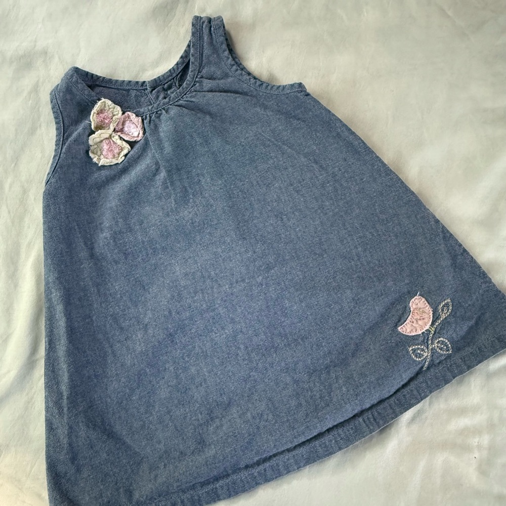 Blue Denim Dress with Floral Embroidery